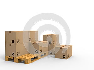 Wooden palette with cardboard boxes on white background. 3d illustration.