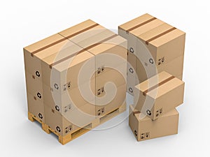 Wooden palette with cardboard boxes on white background. 3d illustration.