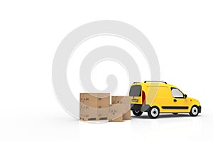 Wooden palette with cardboard boxes and yellow van on white background. 3D illustration.