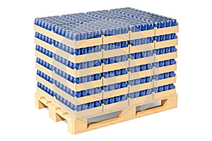 Wooden pallet with drink metallic cans in shrink film, 3D render photo