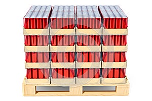 Wooden pallet full of drink metallic cans in shrink film, 3D rendering