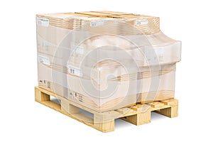 Wooden pallet with parcels wrapped in the stretch film, 3D rendering