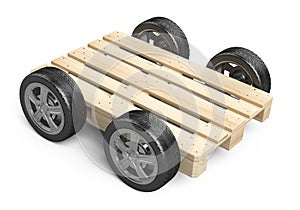 A wooden pallet on wheels