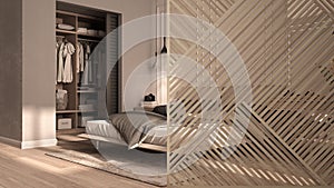 Wooden panel close-up, classic bedroom in beige tones with walk-in closet, double bed with duvet and pillows. Zen interior design
