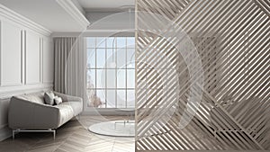 Wooden panel close-up, classic living room with sofa, carpet and big panoramic window, parquet floor. Minimalist zen interior