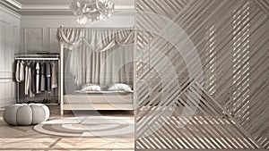 Wooden panel close-up, classic luxury bedroom with double canopy bed, carpet, herringbone parquet. Classic zen interior design