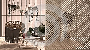 Wooden panel close-up, conservatory, winter garden, lounge with armchair and table. Classic zen interior design concept idea,