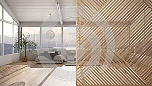 Wooden panel close-up, modern bedroom with bathtub, parquet floor. Minimalist zen interior design concept idea, contemporary