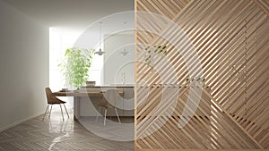 Wooden panel close-up, modern white kitchen with island and stools, marble floor. Minimalist zen interior design concept idea,