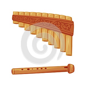 Wooden Panpipe and Flute as Romania Traditional Symbol and Object Vector Set