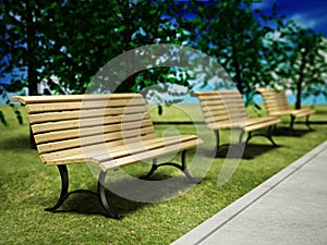 Wooden park benches in arow inside a park. 3D illustration