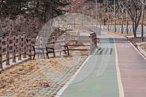 Wooden park benches next to a public bike path