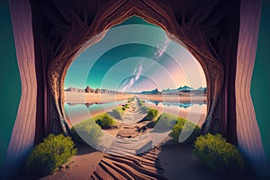 Wooden passage into spring beach. Generative ai illustrattion.