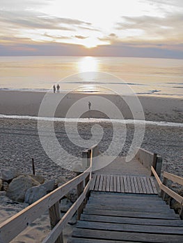 Wooden path access in sand dune Lacanau beach in Gironde France