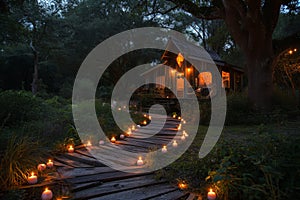 A wooden path adorned with lit candles provides a warm and inviting ambiance in the dark, An enchanting candlelit path leading to