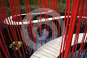 A wooden path in the Bamboo garden inthe park Chaumont.