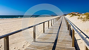 Wooden path at Costa Nova d'Aveiro, Portugal, over sand dunes with ocean view, summer evening. Wooden footbridge of Costa Nova
