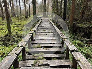 wooden path in a dark autumn forest