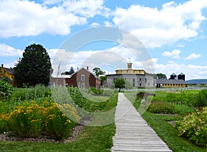 Wooden path through gardens of Hancock Shaker Village