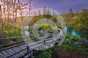 Wooden path in green forest in Plitvice Lakes, Croatia at sunset