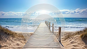 Wooden path at idealistic landscape over sand dunes with ocean view, sunset summer