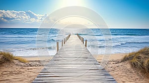 Wooden path at idealistic landscape over sand dunes with ocean view, sunset summer