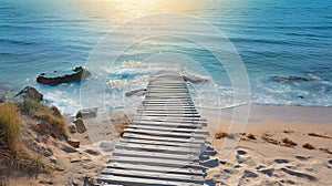 Wooden path at idealistic landscape over sand dunes with ocean view, sunset summer