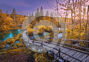 Wooden path in orange forest in Plitvice Lakes, Croatia at sunset