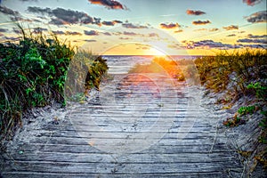 Wooden path at sunset