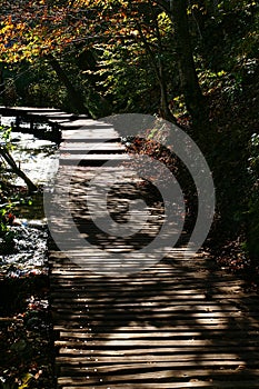 Wooden path and waterfall