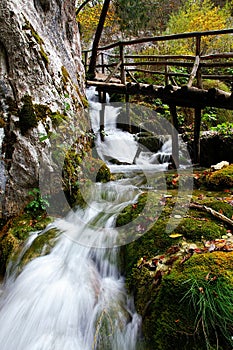 Wooden path and waterfall