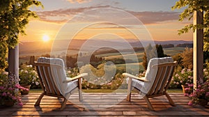 wooden patio with two armchairs and picturesque rural landscape at sunset , relax outdoor in spring