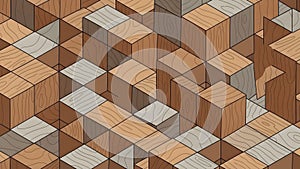 Isometric wooden cube pattern with 3D geometric illusion