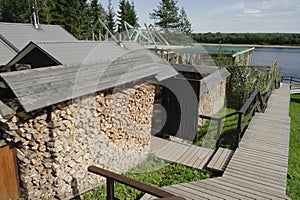 Wooden pavements by the river in the recreation park