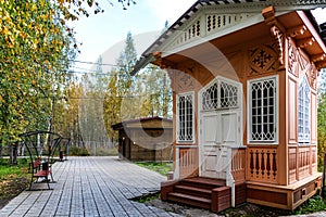 Wooden pavilion above a mineral spring in the mud spa resort of Marcial Waters in Karelia, Russia photo