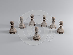 A wooden pawn is facing several other pawns with the same color, 3d illustration