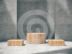 Wooden pedestal for display, Platform for design, Blank product stand with concrete empty room.