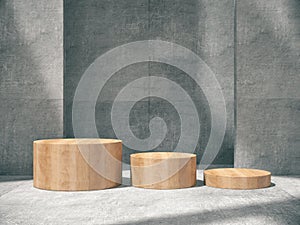 Wooden pedestal for display, Platform for design, Blank product stand with concrete empty room.