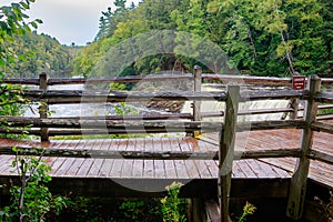 A wooden pedestrian bridge