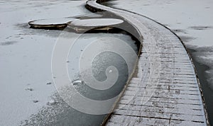 wooden pedestrian bridge over frozen snowy river pond lake no railing