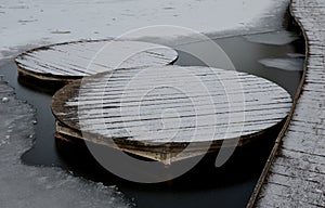 wooden pedestrian bridge over frozen snowy river pond lake no railing