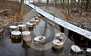 wooden pedestrian bridge over frozen snowy river pond lake no railing