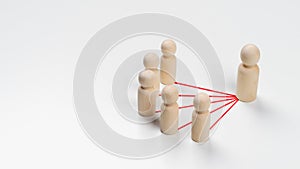 Wooden peg dolls are connected together with red lines on white background. Teamwork, Leadership, Business, human resource