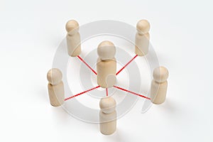 Wooden peg dolls are connected together with red lines on white background. Teamwork, Leadership, Business, human resource