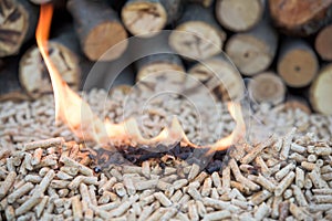 Wooden pellets in flames