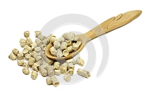 Wooden pellets in a spoon
