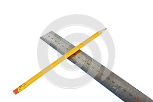 Wooden pencil and metal ruler on a white background.