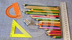 Wooden pencil sharpener and a ruler and a protractor