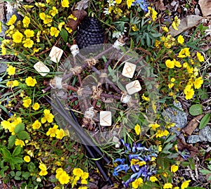 Wooden pentagram, runes and black candles in flowers