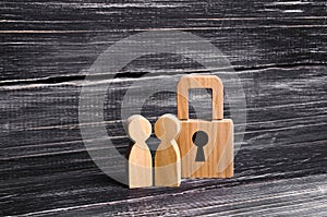 Wooden people with padlocks. Two people with a lock. Security and safety, collateral, loan for a mortgage. Confiscation